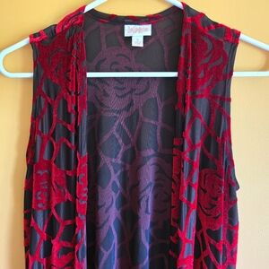 LuLaRoe Long Red Velvety Rose & Mesh Sleeveless Vest, S
